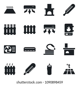 Set of vector isolated black icon - hose vector, fireplace, thermometer, heater, air conditioner, candle, water, radiator, warm floor