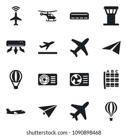 Set of vector isolated black icon - plane vector, airport tower, radar, departure, helicopter, seat map, air conditioner, paper, balloon