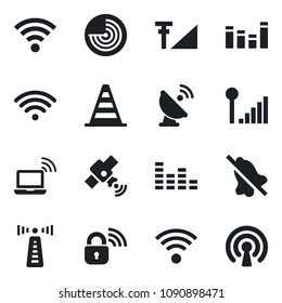 Set of vector isolated black icon - antenna vector, wireless notebook, border cone, radar, satellite, equalizer, mute, cellular signal, lock