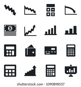 Set of vector isolated black icon - credit card vector, growth statistic, calculator, crisis graph, bar, wallet, cash, presentation