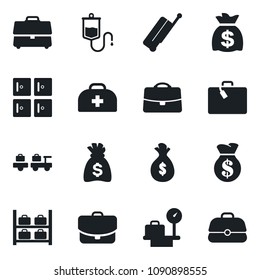 Set of vector isolated black icon - suitcase vector, baggage larry, luggage storage, scales, checkroom, money bag, doctor case, dropper