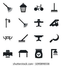 Set of vector isolated black icon - ladder car vector, rake, sickle, garden light, picnic table, fertilizer, bike, restaurant, outdoor lamp