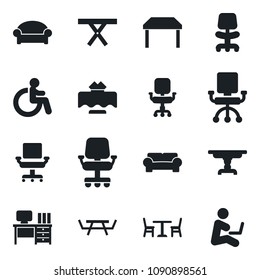 Set of vector isolated black icon - cafe vector, waiting area, disabled, office chair, desk, picnic table, cushioned furniture, restaurant, man with notebook
