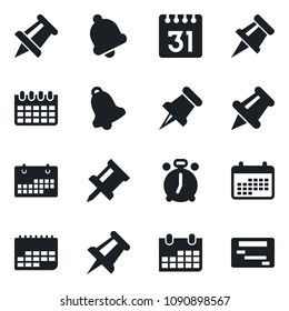 Set of vector isolated black icon - alarm clock vector, drawing pin, calendar, term, paper, bell, schedule