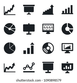 Set of vector isolated black icon - growth statistic vector, presentation board, circle chart, monitor pulse, statistics, bar graph, pie, point