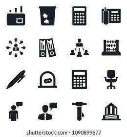 Set of vector isolated black icon - trash bin vector, ticket office, speaking man, hierarchy, binder, abacus, pen, tie, phone, chair, mail, calculator, building