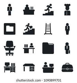 Set of vector isolated black icon - manager vector, desk, place, ladder, folder, career, cook, office chair, case