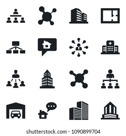 Set of vector isolated black icon - hierarchy vector, molecule, hospital, office building, garage, plan, home message