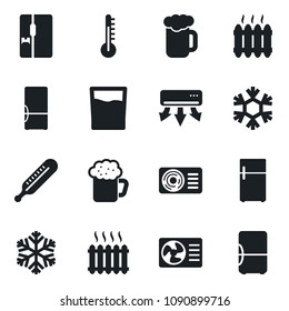 Set of vector isolated black icon - thermometer vector, heater, air conditioner, fridge, drink, beer, snowflake