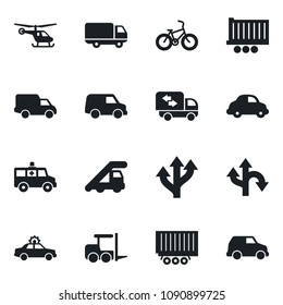 Set of vector isolated black icon - alarm car vector, fork loader, ladder, helicopter, ambulance, bike, route, truck trailer, delivery, moving