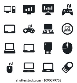 Set of vector isolated black icon - no laptop vector, mouse, notebook pc, statistic monitor, gamepad, usb flash