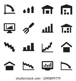 Set of vector isolated black icon - crisis graph vector, garden fork, warehouse storage, monitor statistics, bar, arrow up, growth