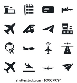 Set of vector isolated black icon - plane vector, runway, radar, arrival, ticket, ladder car, boarding, seat map, globe, airport building, paper