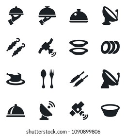 Set of vector isolated black icon - satellite antenna vector, spoon and fork, dish, plates, waiter, chicken, kebab, bowl