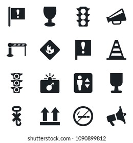 Set of vector isolated black icon - barrier vector, elevator, no smoking, bomb in case, border cone, important flag, traffic light, fragile, up side sign, hook, flammable, loudspeaker