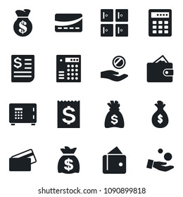 Set of vector isolated black icon - safe vector, checkroom, money bag, receipt, credit card, combination lock, wallet, investment