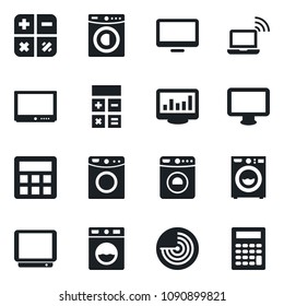 Set of vector isolated black icon - wireless notebook vector, washer, radar, calculator, tv, monitor, statistics