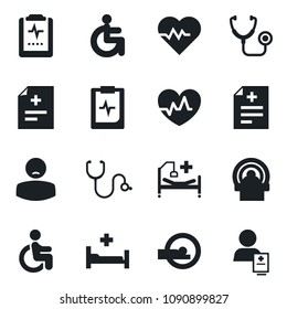 Set of vector isolated black icon - heart pulse vector, diagnosis, stethoscope, tomography, hospital bed, disabled, clipboard, patient