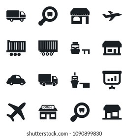 Set of vector isolated black icon - shop vector, store, plane, truck trailer, car delivery, sea port, search cargo, presentation, storefront