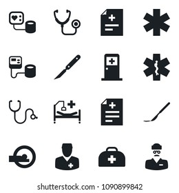 Set of vector isolated black icon - medical room vector, doctor case, diagnosis, stethoscope, blood pressure, scalpel, tomography, ambulance star, hospital bed