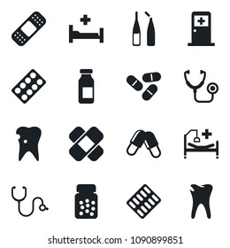 Set of vector isolated black icon - medical room vector, stethoscope, pills, bottle, blister, ampoule, patch, hospital bed, caries