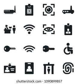 Set of vector isolated black icon - passport control vector, security gate, identity card, disabled, wireless, key, router, eye scan, fingerprint