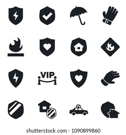 Set of vector isolated black icon - umbrella vector, alarm car, glove, heart shield, flammable, protect, estate insurance, vip zone, home