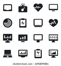 Set of vector isolated black icon - bomb in case vector, radar, notebook pc, statistic monitor, heart pulse, clipboard, tv, statistics