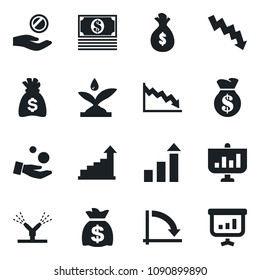 Set of vector isolated black icon - growth statistic vector, money bag, crisis graph, irrigation, investment, cash, presentation