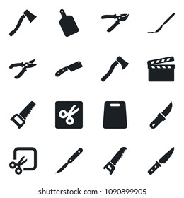 Set of vector isolated black icon - pruner vector, saw, garden knife, axe, scalpel, clapboard, cut, cutting board
