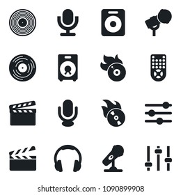 Set of vector isolated black icon - clapboard vector, vinyl, flame disk, microphone, remote control, headphones, speaker, tuning
