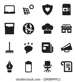 Set of vector isolated black icon - coffee machine vector, office chair, brainstorm, rake, heart shield, store, news, loudspeaker, network, battery, ink pen, notebook pc, sun panel, cook hat, drink