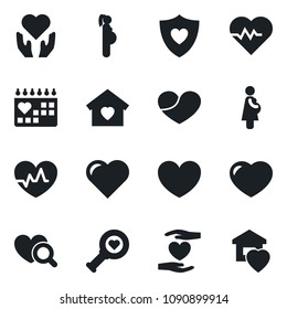 Set of vector isolated black icon - heart vector, pulse, diagnostic, shield, hand, medical calendar, pregnancy, sweet home