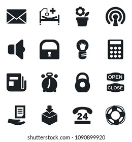 Set of vector isolated black icon - alarm clock vector, mail, document, bulb, flower in pot, hospital bed, 24 hours, package, heavy, news, lock, calculator, open close, wireless, sound