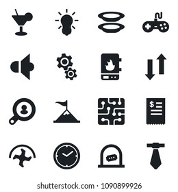 Set of vector isolated black icon - ticket office vector, ripper, speaker, gamepad, data exchange, clock, client search, cocktail, plates, restaurant receipt, chip, water heater, gear, bulb, tie