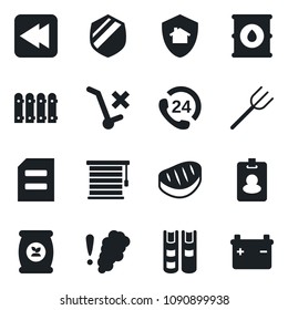 Set of vector isolated black icon - document vector, farm fork, fertilizer, 24 hours, no trolley, shield, oil barrel, rewind, book, fence, steak, smoke detector, jalousie, home protect, pass card
