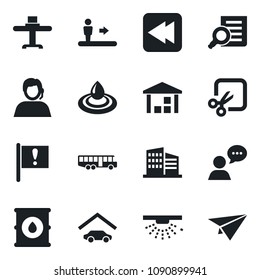 Set of vector isolated black icon - airport bus vector, escalator, document search, important flag, support, warehouse, oil barrel, speaker, rewind, cut, garage, office building, restaurant table