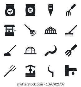 Set of vector isolated black icon - garden fork vector, farm, rake, well, hoe, sickle, plant label, greenhouse, fertilizer, drip irrigation