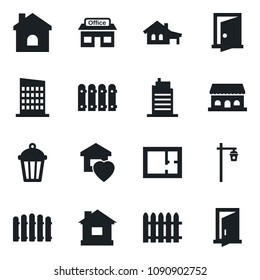 Set of vector isolated black icon - fence vector, house, garden light, store, with garage, plan, sweet home, city, cafe building, door