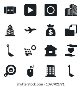 Set of vector isolated black icon - automatic door vector, mouse, money bag, heart hand, plane, folder document, play button, record, office building, house, sun panel, estate search, city, ladle