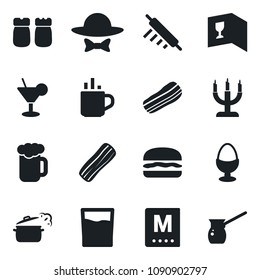 Set of vector isolated black icon - hot cup vector, wine card, menu, drink, cocktail, beer, bacon, egg stand, salt and pepper, candle, dress code, hamburger, rolling pin, steaming pan