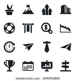 Set of vector isolated black icon - seedling vector, arrow up graph, motivation, clock, pennon, crisis, money search, calendar, paper plane, management, award cup, presentation, tie, office building