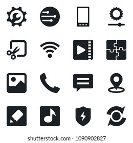 Set of vector isolated black icon - mobile vector, call, message, gallery, protect, network, notes, wireless, brightness, cut, place tag, music, video, application, root setup, update