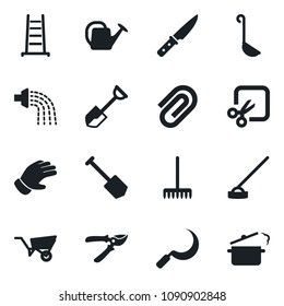 Set of vector isolated black icon - job vector, shovel, rake, ladder, watering can, wheelbarrow, pruner, glove, hoe, sickle, cut, paper clip, ladle, knife, steaming pan