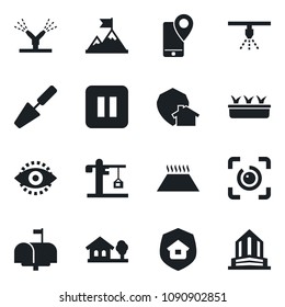 Set of vector isolated black icon - trowel vector, seedling, mobile tracking, pause button, eye id, house with tree, crane, estate insurance, mailbox, irrigation, warm floor, home protect, sprinkler