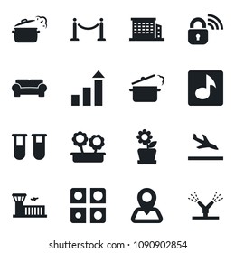 Set of vector isolated black icon - fence vector, arrival, airport building, growth statistic, blood test vial, navigation, music, application, office, cushioned furniture, flower in pot, irrigation
