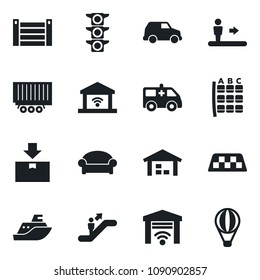 Set of vector isolated black icon - taxi vector, escalator, waiting area, seat map, ambulance car, traffic light, sea shipping, truck trailer, container, package, warehouse, garage gate control
