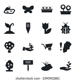 Set of vector isolated black icon - wheelbarrow vector, sproute, butterfly, lady bug, seedling, plant label, pond, tulip, fruit tree, flower in pot, smoke detector, palm