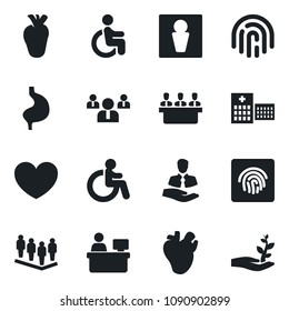 Set of vector isolated black icon - male vector, disabled, team, manager place, heart, stomach, real, hospital, client, fingerprint id, meeting, palm sproute
