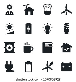 Set of vector isolated black icon - hot cup vector, oil barrel, battery, brightness, charge, sun panel, windmill, eco house, power plug, water heater, bulb, energy saving